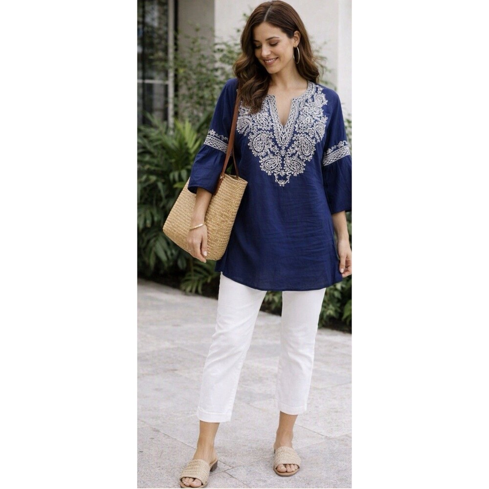 INC International Concepts Tunic Top Womens Sz 8 Navy Blue Embroidered V-Neck